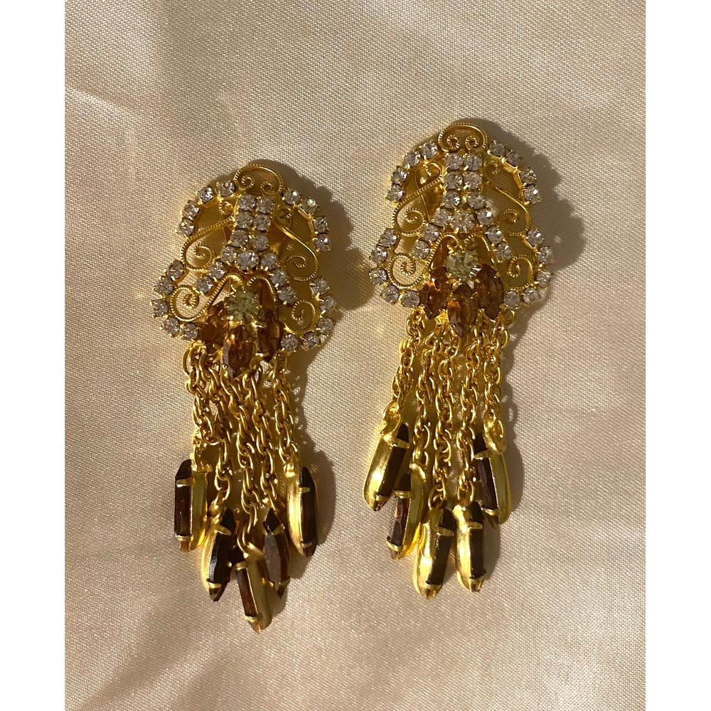 Vintage Juliana Earrings Gold Tone Scroll Work Amber Rhinestone Fringe